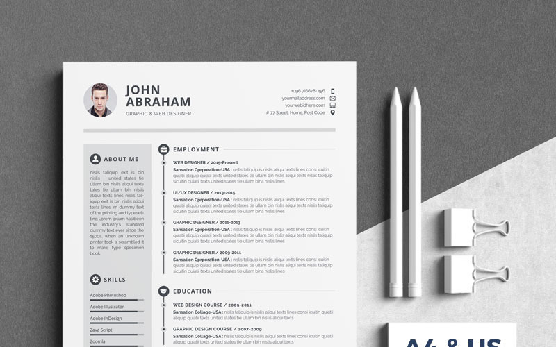 Download Резюме "John Abraham Resume Template" / John Abraham Resume Template - Резюме на тему графика resume,cv,template,clean,creative,professional,minimal,modern,word,psd,photoshop,designer,developer,contract