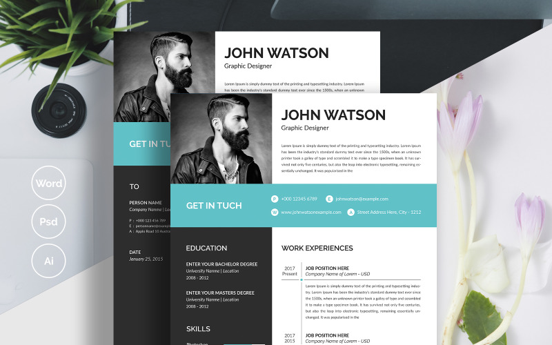 Download Резюме "John Watson Resume Template" / John Watson Resume Template - Резюме на тему графика 1 page resume 2 3 a4 clean cover letter creative cv design document docx elegant employment infographic minimalist modern ms