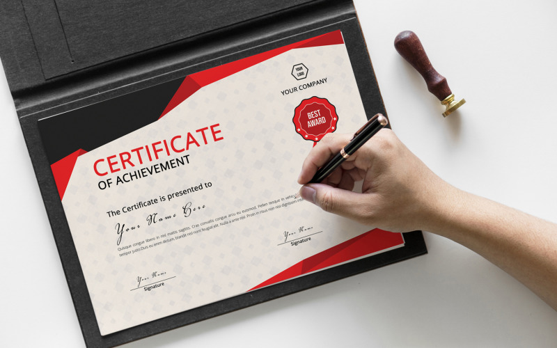 Download Шаблон сертификата "Red&amp;Gray Achievement Certificate Template" / Red&amp;Gray Achievement Certificate Template - Шаблон сертификата на тему графика certificate,achievement,award,school,college,appreciation,print,clean,minimal,psd,geomatric,red,diploma,official