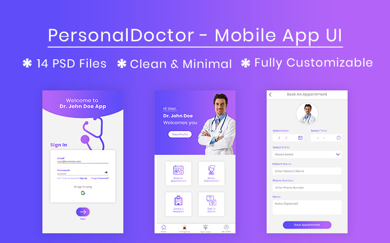 Download PSD шаблон "PersonalDoctor - Mobile App UI PSD Template" / PersonalDoctor - Mobile App UI PSD Template - PSD шаблон на тему врач doctor patient medical clinic hospital medicine personal mobile app ui psd clean modern functional minimal