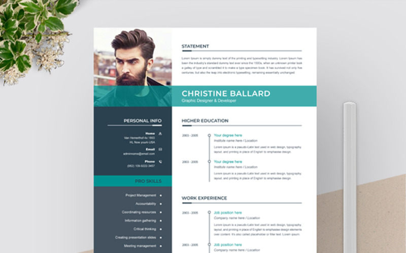 Download Резюме "Christine Resume Template" / Christine Resume Template - Адаптивный Резюме на тему графика resume template cv clean modern a4 doc elegant indesign infographic professional creative design minimal pages portfolio word us letter