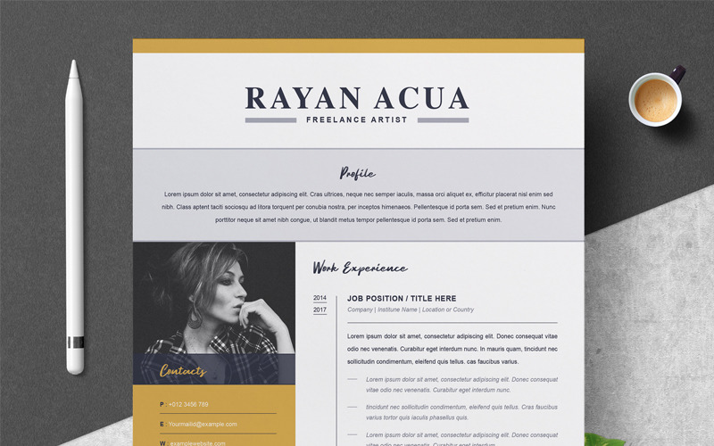 Download Резюме "Rayan Acua Resume Template" / Rayan Acua Resume Template - Резюме на тему графика 1 page resume 2 3 apple pages cover letter illustrator eps mac pages microsoft word photoshop psd professional cv for