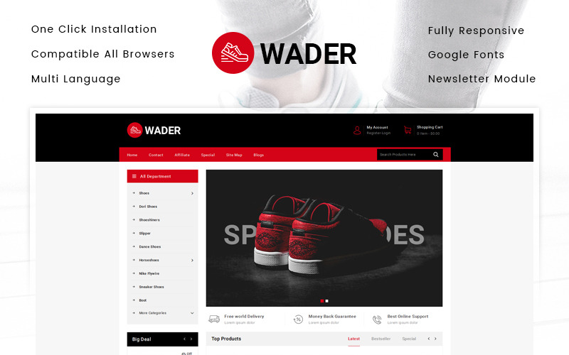 шаблон opencart магазина спортивной обуви wader sports shoes store