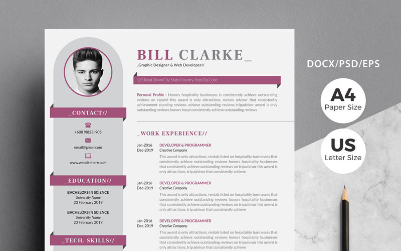 Download Резюме "Bill Clarke - Resume Template" / Bill Clarke - Resume Template - Резюме на тему графика resume,cv,cover,letter,clean,creative,modern,professional,minimal,minimalist,word,psd,photoshop,curriculum,vitae,stationery
