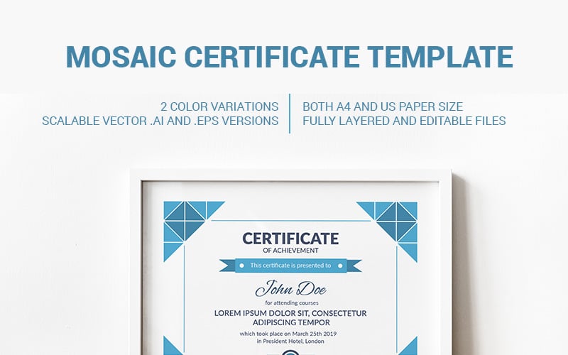 Download Шаблон сертификата "Mosaic Award Certificate Template" / Mosaic Award Certificate Template - Шаблон сертификата на тему графика certificate award achievement education courses learning awarding graduation