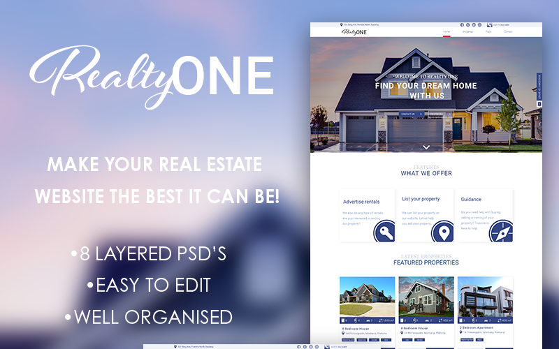 Download PSD шаблон "RealtyOne PSD Template" / RealtyOne PSD Template - PSD шаблон на тему агентство недвижимости clean modern real estate properties easy customizable layered
