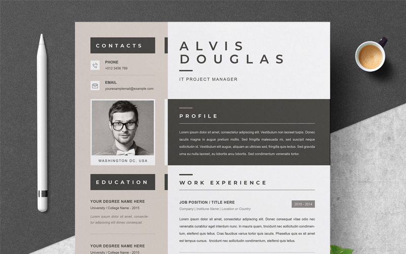 Download Резюме "Alvis Resume Template" / Alvis Resume Template - Резюме на тему графика 1 page resume 2 clean cv cover letter design template illustrator eps mac pages microsoft word modern photoshop psd professional