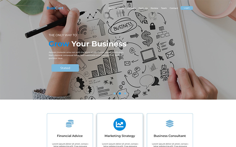 Download PSD шаблон "BusiCart - Finance / Consultancy Business PSD Template" / BusiCart - Finance / Consultancy Business PSD Template - Адаптивный PSD шаблон на тему консалтинг business advice financial finance marketing agency strategy bootstrap responsive consultant consultancy
