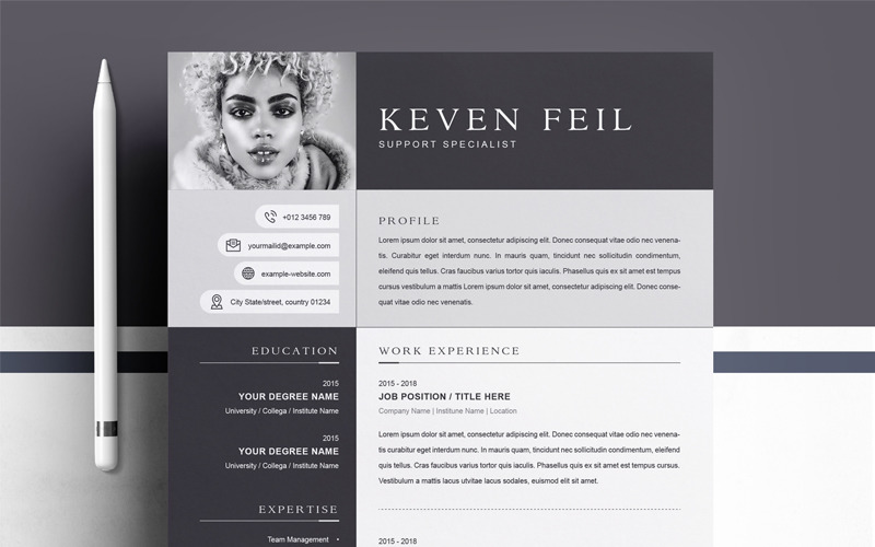 Download Резюме "Keven Resume Template" / Keven Resume Template - Резюме на тему графика 1 page resume 2 3 clean cover letter curriculum vitae cv template illustrator eps mac pages microsoft word minimal resume