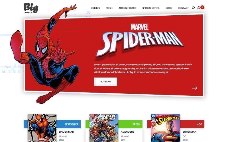 Download PSD шаблон "Big Comics - Comics Store PSD Template" / Big Comics - Comics Store PSD Template - PSD шаблон на тему магазин комиксов comics store marvel dc template theme psd photoshop avengers endgame