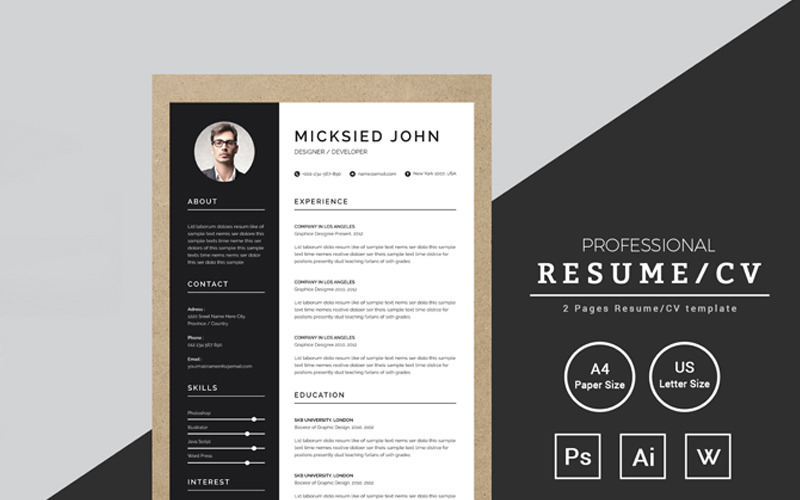 Download Резюме "Micksied John Resume Template" / Micksied John Resume Template - Резюме на тему графика resume cv clean creative word infographic modern professional student mac pages manager template bankers doctors job seekers