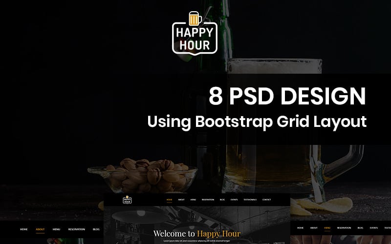 Download PSD шаблон "Happy Hour - Pub PSD Template" / Happy Hour - Pub PSD Template - PSD шаблон на тему паб pub drinks cocktail mocktail psd theme template photoshop