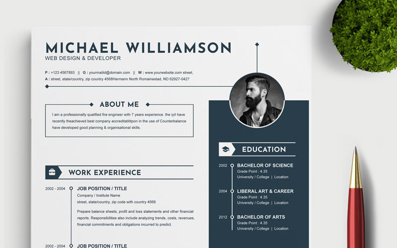 Download Резюме "Michael Williamson Resume Template" / Michael Williamson Resume Template - Резюме на тему графика 2 page a4 clean cv design elegant resume female feminine infographic letter minimalist modern portfolio professional indesign minimal pages