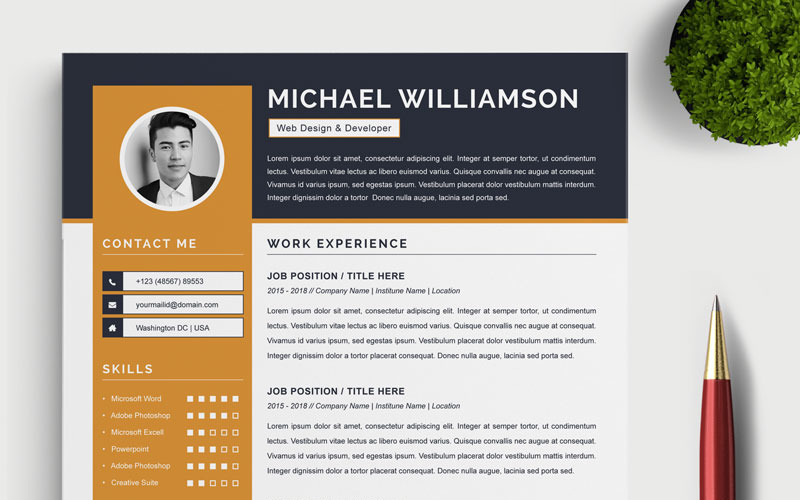 Download Резюме "Michael Williamson Resume Template" / Michael Williamson Resume Template - Резюме на тему графика 2 page a4 clean cv design elegant resume female feminine infographic letter minimalist modern portfolio professional indesign minimal pages