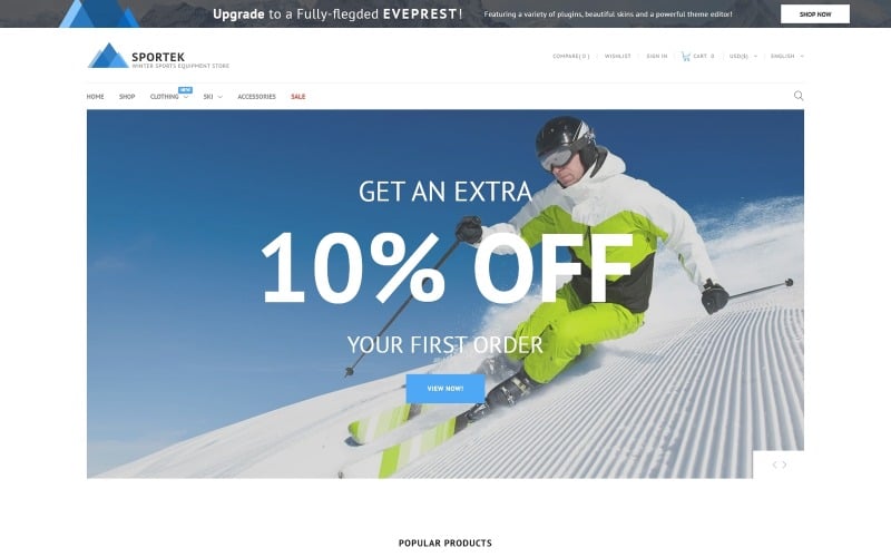 Sportek - Tema PrestaShop Gratis para Tienda de Equipos de Deportes de Invierno
