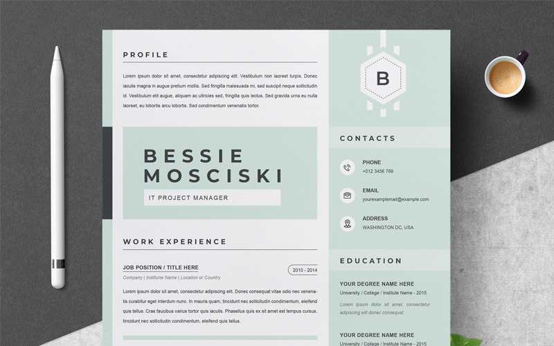 Download Резюме "Bessie Resume Template" / Bessie Resume Template - Резюме на тему графика 1 page cv resume 2 3 apple clean cover letter curriculum vitae template illustrator eps mac pages microsoft word minimal