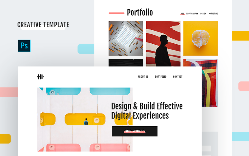 Download PSD шаблон "Hi Creative PSD Template" / Hi Creative PSD Template - PSD шаблон на тему графика landing page creative modern trendy portfolio theme template onepage ux ui psd photoshop studio agency