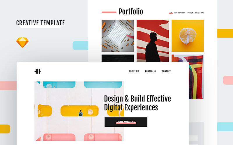 Download Sketch шаблон "Hi Creative Sketch Template" / Hi Creative Sketch Template - Sketch шаблон на тему графика landing page creative modern trendy portfolio theme template onepage ux ui sketch studio agency