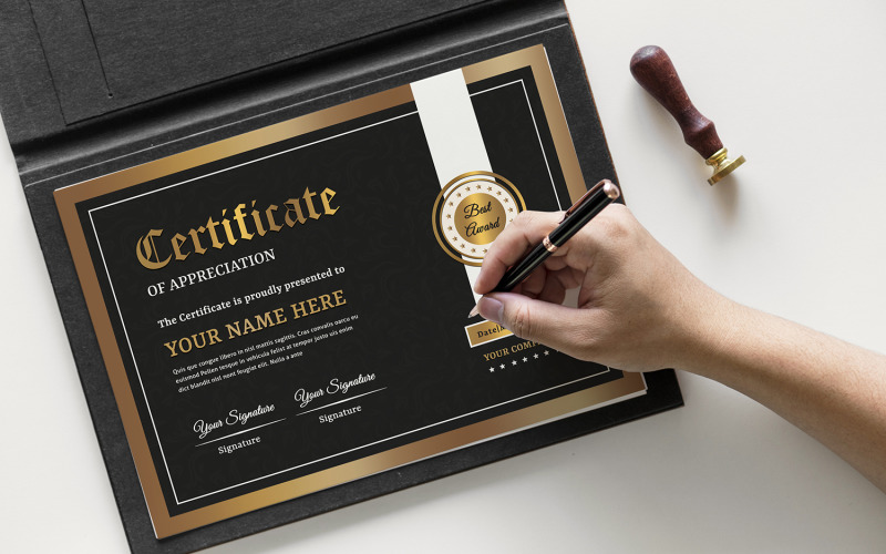 Download Шаблон сертификата "Black &amp; Gold Certificate Template" / Black &amp; Gold Certificate Template - Шаблон сертификата на тему графика certificate,template,award,appreciation,black,gold,photoshop,recognition,achievement,print,clean,minimal,professional,academic,corporate,a4
