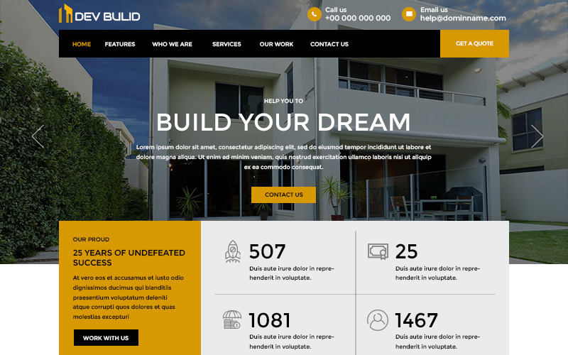 Download PSD шаблон "Dev Build - Construction Company PSD Template" / Dev Build - Construction Company PSD Template - PSD шаблон на тему графика construction company template theme psd photoshop