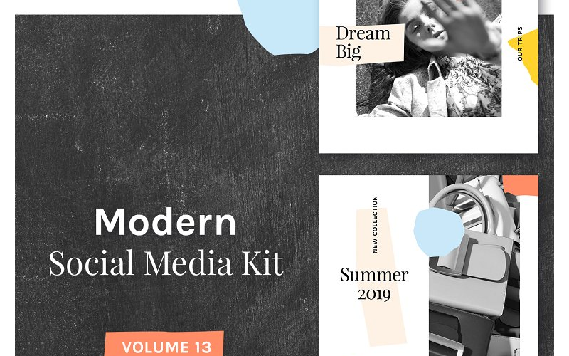 Download Шаблон для соцсетей "Modern  Kit (Vol. 13) Social Media Template" / Modern  Kit (Vol. 13) Social Media Template - Шаблон для соцсетей на тему графика social blog post instagram facebook modern simple minimal promo trendy fashion store shop magazine color banner media kit advertising square