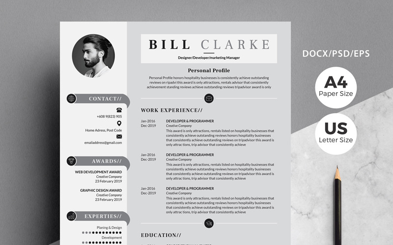 Download Резюме "Bill Clarke - Resume with Cover Letter Resume Template" / Bill Clarke - Resume with Cover Letter Resume Template - Резюме на тему графика resume,cv,template,word,psd,clean,creative,professional,modern,infographic,pages,mac,photoshop,cover,letter,contract,instant,download,curriculum,vitae