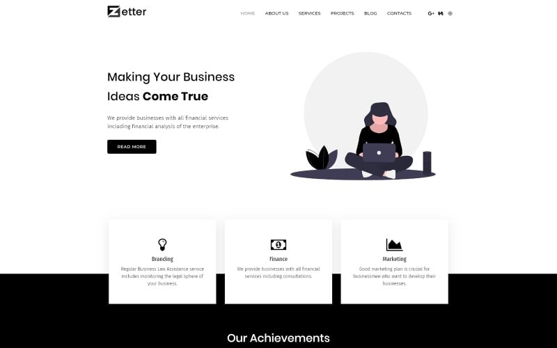 Zetter — бизнес-многоцелевая черно-белая тема WordPress Elementor