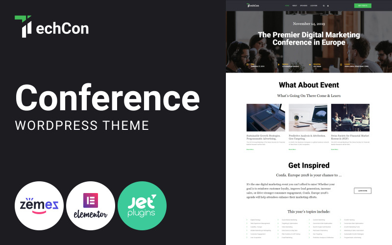 TechCon - Konferens en sida animerad WordPress Elementor-tema