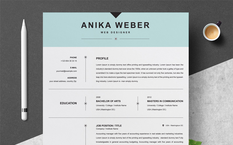 Download Резюме "Anika Resume Template" / Anika Resume Template - Резюме на тему графика 1 page resume 2 clean cv cover letter design template illustrator eps mac pages microsoft word modern photoshop psd professional