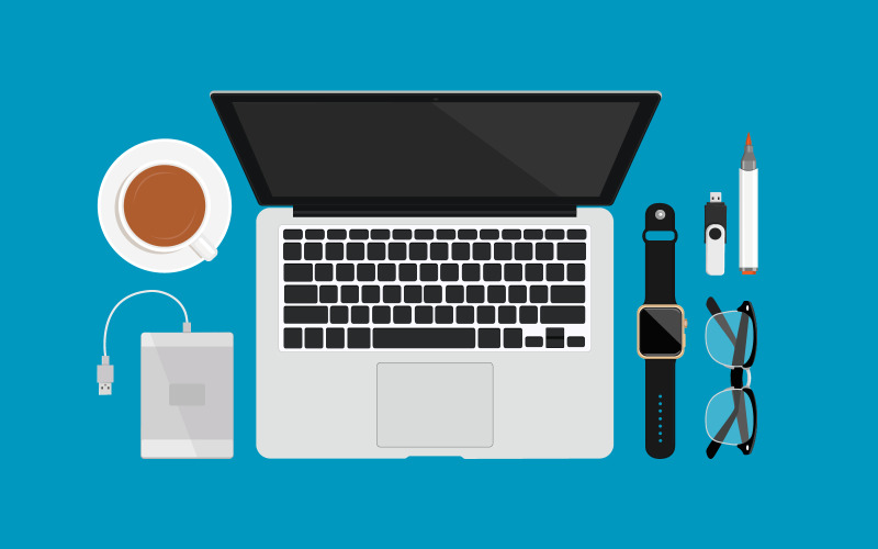 Download Иллюстрация "Flat Desk Scene Creator - Illustration" / Flat Desk Scene Creator - Illustration - Иллюстрация на тему декор scene creator desk home accessories computer laptop imac macbook iphone apple cookies snacks products designer website background illustration vector