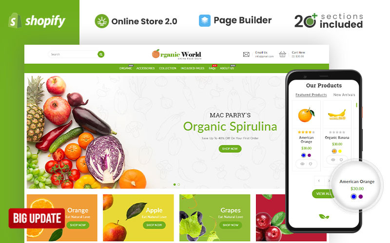 Тема органічного світового продовольчого та продуктового магазину Shopify