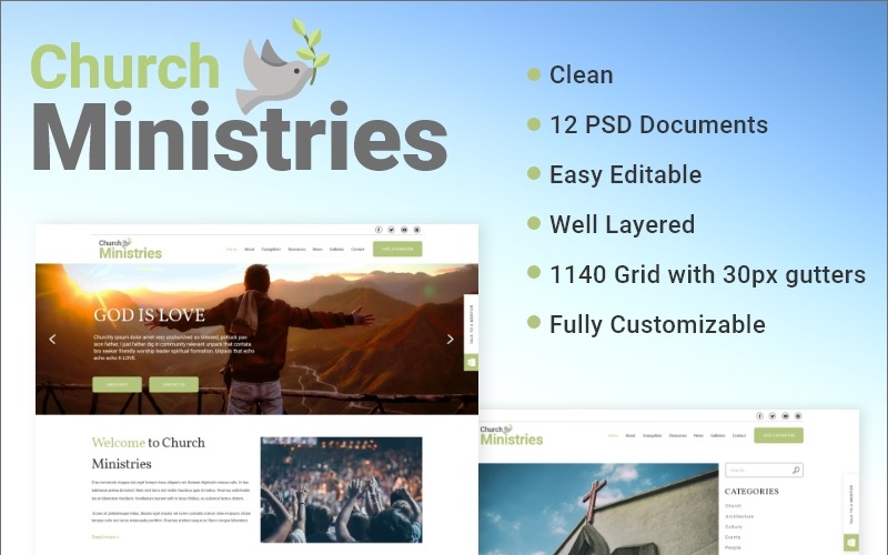 Download PSD шаблон "Church Ministries PSD Template" / Church Ministries PSD Template - PSD шаблон на тему христианство clean religious church ministry green layered customizable