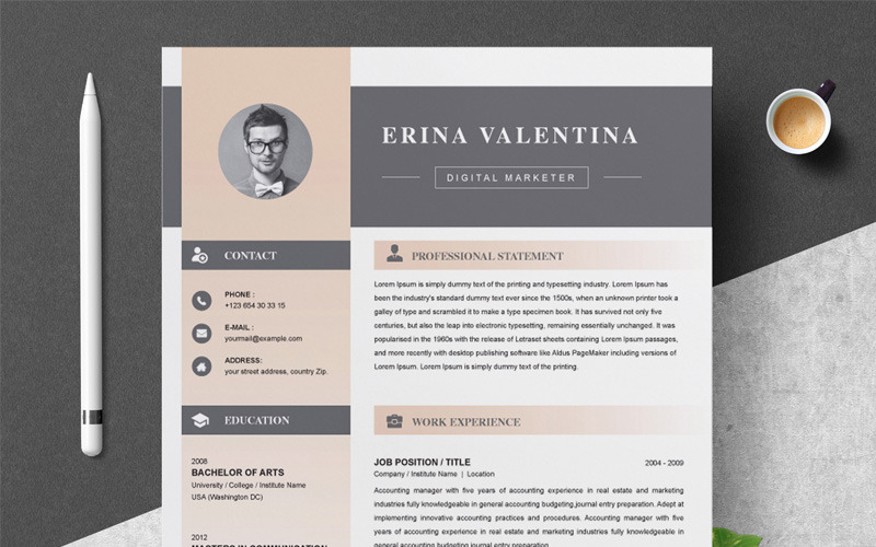 Download Резюме "Erina Resume Template" / Erina Resume Template - Резюме на тему графика 1 page resume 2 clean cv cover letter design template illustrator eps mac pages microsoft word modern photoshop psd professional