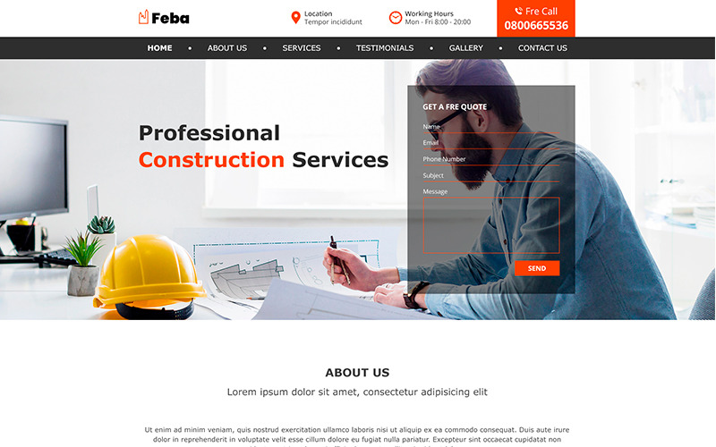 Download PSD шаблон "Feba | Construction PSD Template" / Feba | Construction PSD Template - PSD шаблон на тему строительные компании construction renovation home building plumbing painting electrical repair business services multipurpose one-page