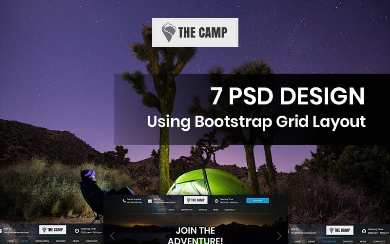 Download PSD шаблон "The Camp - Camping PSD Template" / The Camp - Camping PSD Template - PSD шаблон на тему графика travel camping theme template psd photoshop