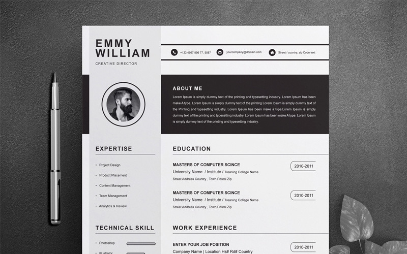 Download Резюме "Emmy William Resume Template" / Emmy William Resume Template - Резюме на тему графика 1 page resume 2 clean cv cover letter design template illustrator eps mac pages microsoft word modern photoshop psd professional
