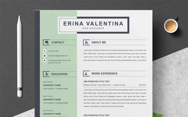 Download Резюме "Erina Resume Template" / Erina Resume Template - Резюме на тему графика 1 page resume 2 clean cv cover letter design template illustrator eps mac pages microsoft word modern photoshop psd professional