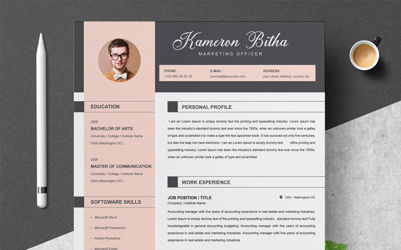Download Резюме "Kameron Resume Template" / Kameron Resume Template - Резюме на тему графика 1 page resume 2 clean cv cover letter design template illustrator eps mac pages microsoft word modern photoshop psd professional
