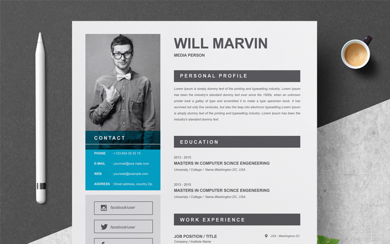 Download Резюме "Marvin Resume Template" / Marvin Resume Template - Резюме на тему графика page resume 2 clean cv cover letter design template illustrator eps mac pages microsoft word modern photoshop psd professional