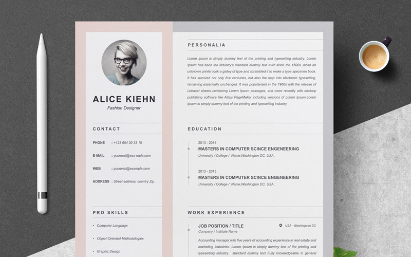 Download Резюме "Alice Resume Template" / Alice Resume Template - Резюме на тему графика 1 page resume 2 clean cv cover letter design template illustrator eps mac pages microsoft word modern photoshop psd professional