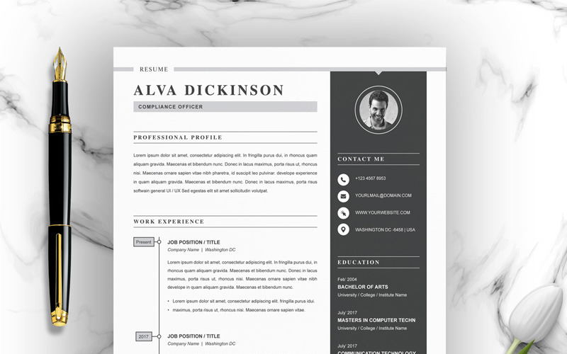 Download Резюме "Alva Resume Template" / Alva Resume Template - Резюме на тему графика 1 page resume 2 clean cv cover letter design template illustrator eps mac pages microsoft word modern photoshop psd professional
