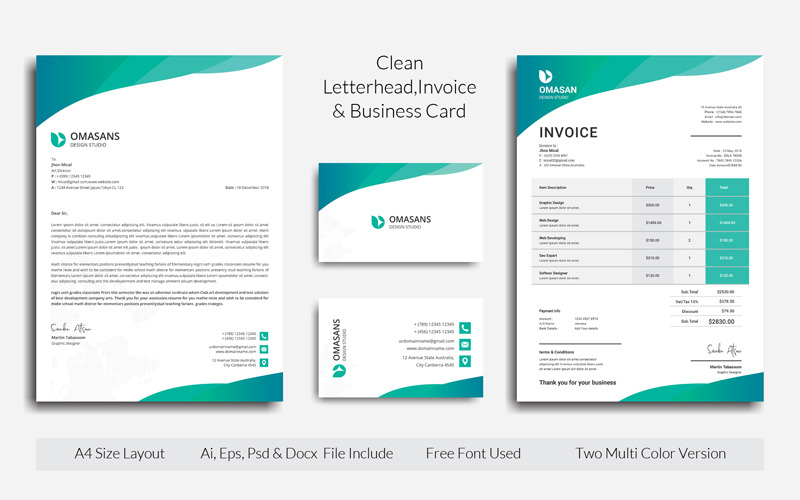 Download Фирменный стиль "Clean Letterhead, Invoice & Business Card - Corporate Identity Template" / Clean Letterhead, Invoice & Business Card - Corporate Identity Template - Фирменный стиль на тему графика brand identity stationery branding business card corporate customizable design elegant envelope indesign invoice word letterhead office id presentation folder print