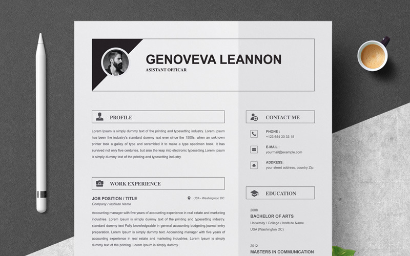 Download Резюме "Genoveva Resume Template" / Genoveva Resume Template - Резюме на тему графика 1 page resume 2 clean cv cover letter design template illustrator eps mac pages microsoft word modern photoshop psd professional