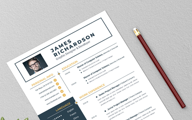 Download Резюме "James Resume Template" / James Resume Template - Адаптивный Резюме на тему графика a4 clean resume cv doc elegant template indesign infographic modern professional creative design minimal pages portfolio word us letter