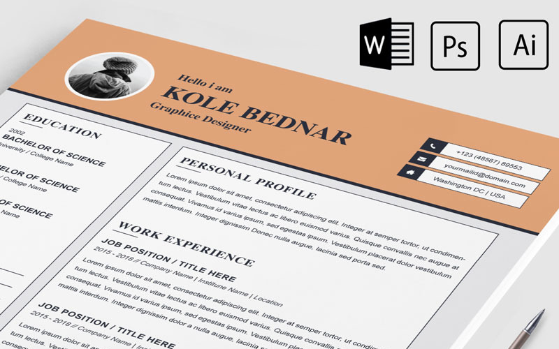 Download Резюме "Kole Bendar Resume Template" / Kole Bendar Resume Template - Резюме на тему графика 2 page a4 clean cv design elegant resume female feminine infographic letter minimalist modern portfolio professional indesign minimal pages