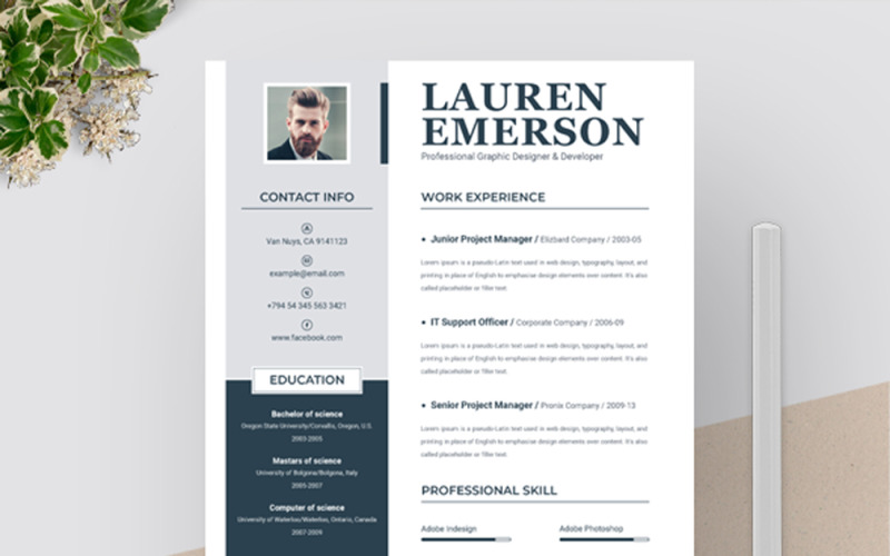 Download Резюме "Lauren Resume Template" / Lauren Resume Template - Адаптивный Резюме на тему графика a4 clean resume cv doc elegant template indesign infographic modern professional creative design minimal pages portfolio word us letter
