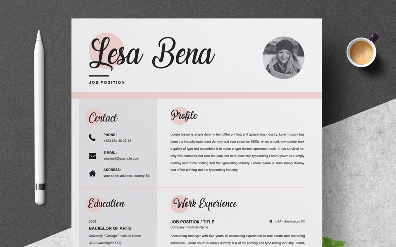 Download Резюме "Lesa Resume Template" / Lesa Resume Template - Резюме на тему графика 1 page resume 2 clean cv cover letter design template illustrator eps mac pages microsoft word modern photoshop psd professional