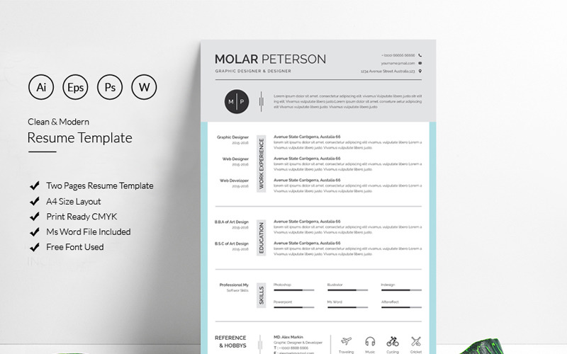 Download Резюме "Molar Modern & Clean Resume Template" / Molar Modern & Clean Resume Template - Резюме на тему графика resume cv clean creative word infographic modern professional student mac pages manager template bankers doctors job seekers