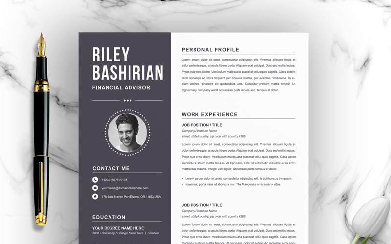 Download Резюме "Riley Resume Template" / Riley Resume Template - Резюме на тему графика 1 page resume 2 clean cv cover letter design template illustrator eps mac pages microsoft word modern photoshop psd professional
