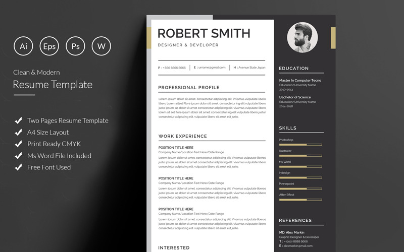 Download Резюме "Robert Modern Resume Template" / Robert Modern Resume Template - Резюме на тему графика resume cv clean creative word infographic modern professional student mac pages manager template bankers doctors job seekers
